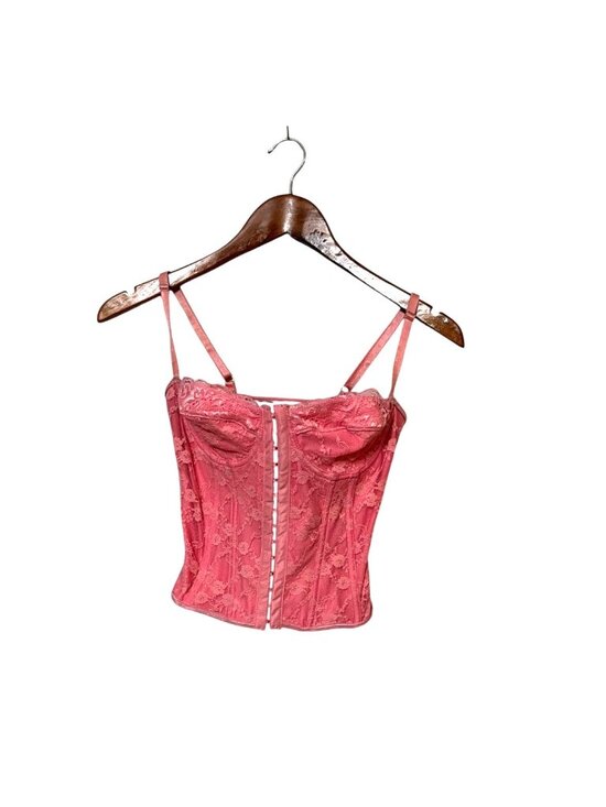 Unknown Tops - Pink Lace Corset Top With Adjustable Straps & Lace-Up Back Design
